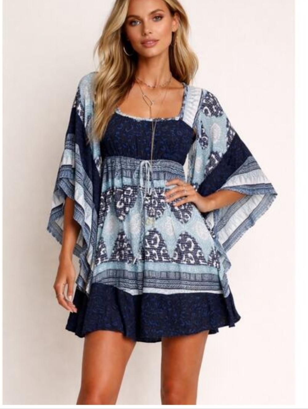Free People Heart Of Gold Boho Mini Dress In Navy Combo